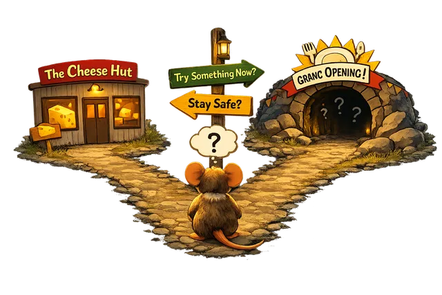 A mouse facing a fork: a lit block of cheese to the left, a dark tunnel to the right
