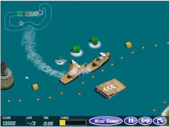 The Coast Runners boat spinning in a lagoon collecting respawning power-ups