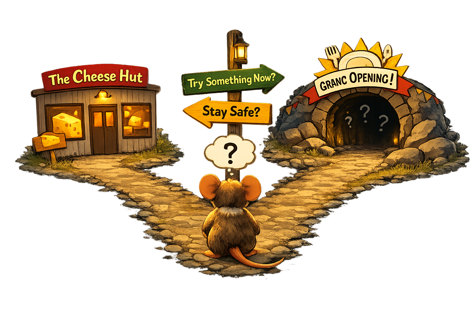 A mouse facing a fork: a lit block of cheese to the left, a dark tunnel to the right